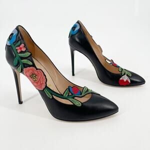 Gucci Black Leather Ophelia Floral Embroidered Pointed Toe Heel Pump size EU 40